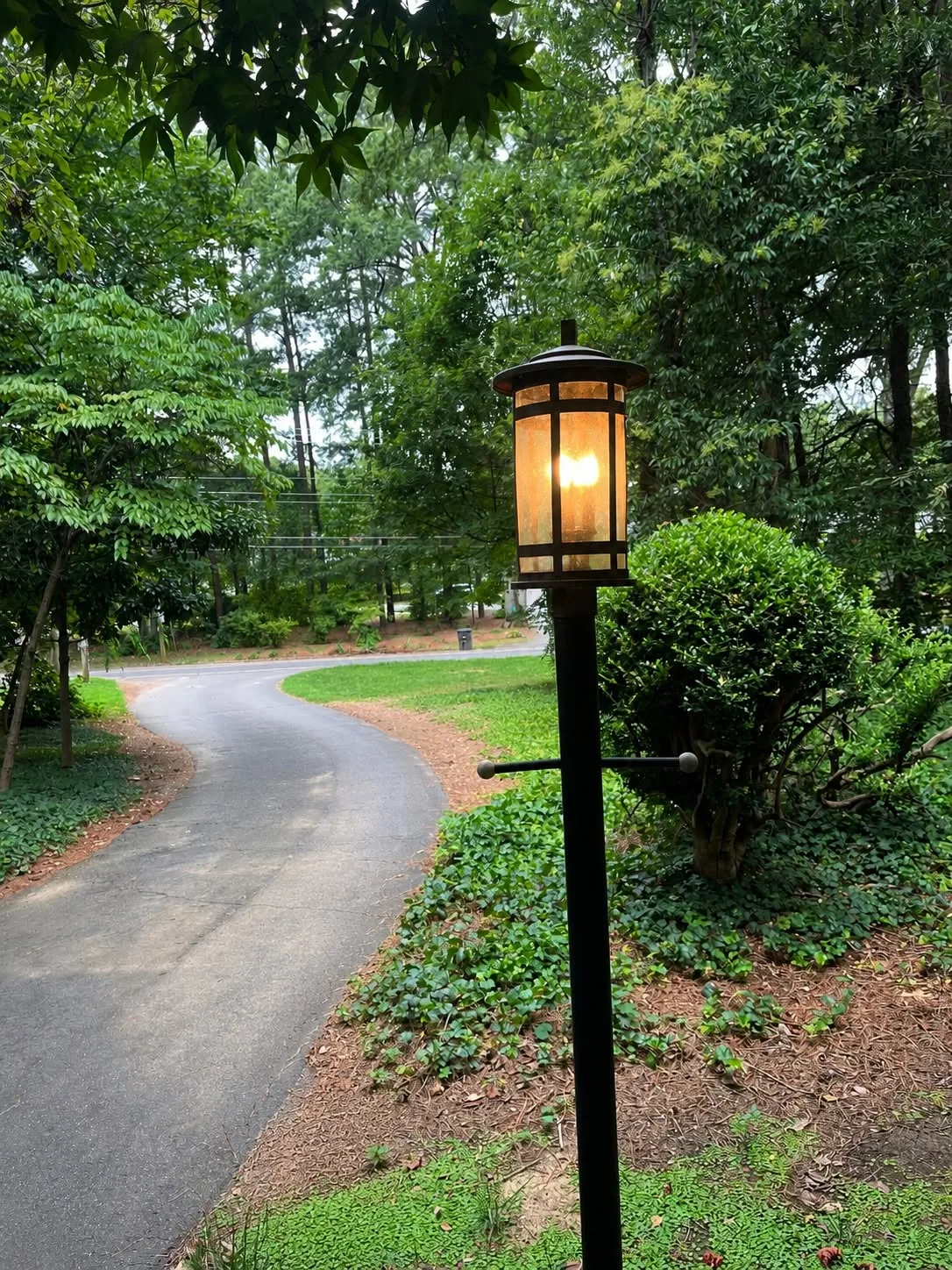 Black lamp post lantern curved driveway ivy bed