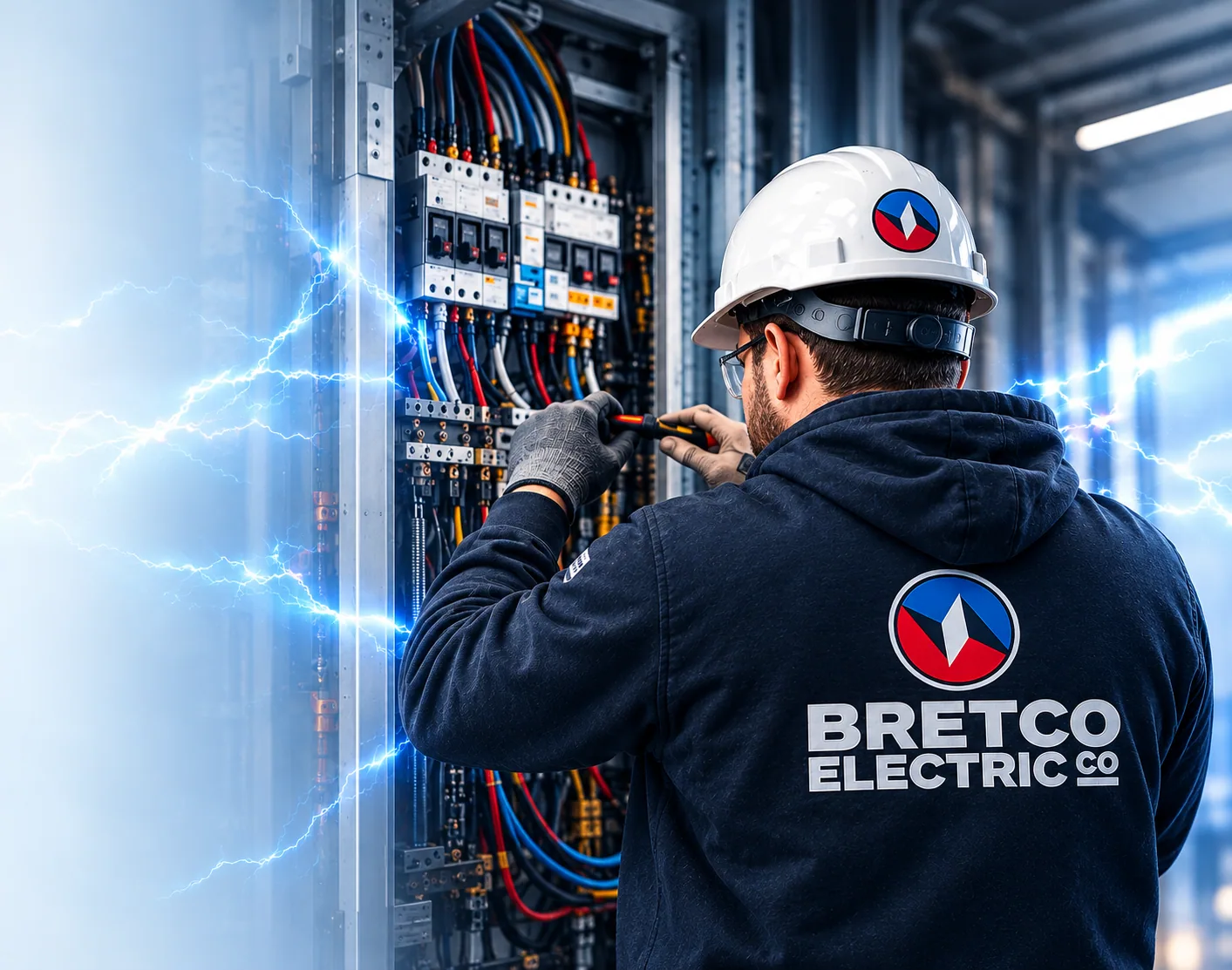 A Bretco electrician working on an electrical panel