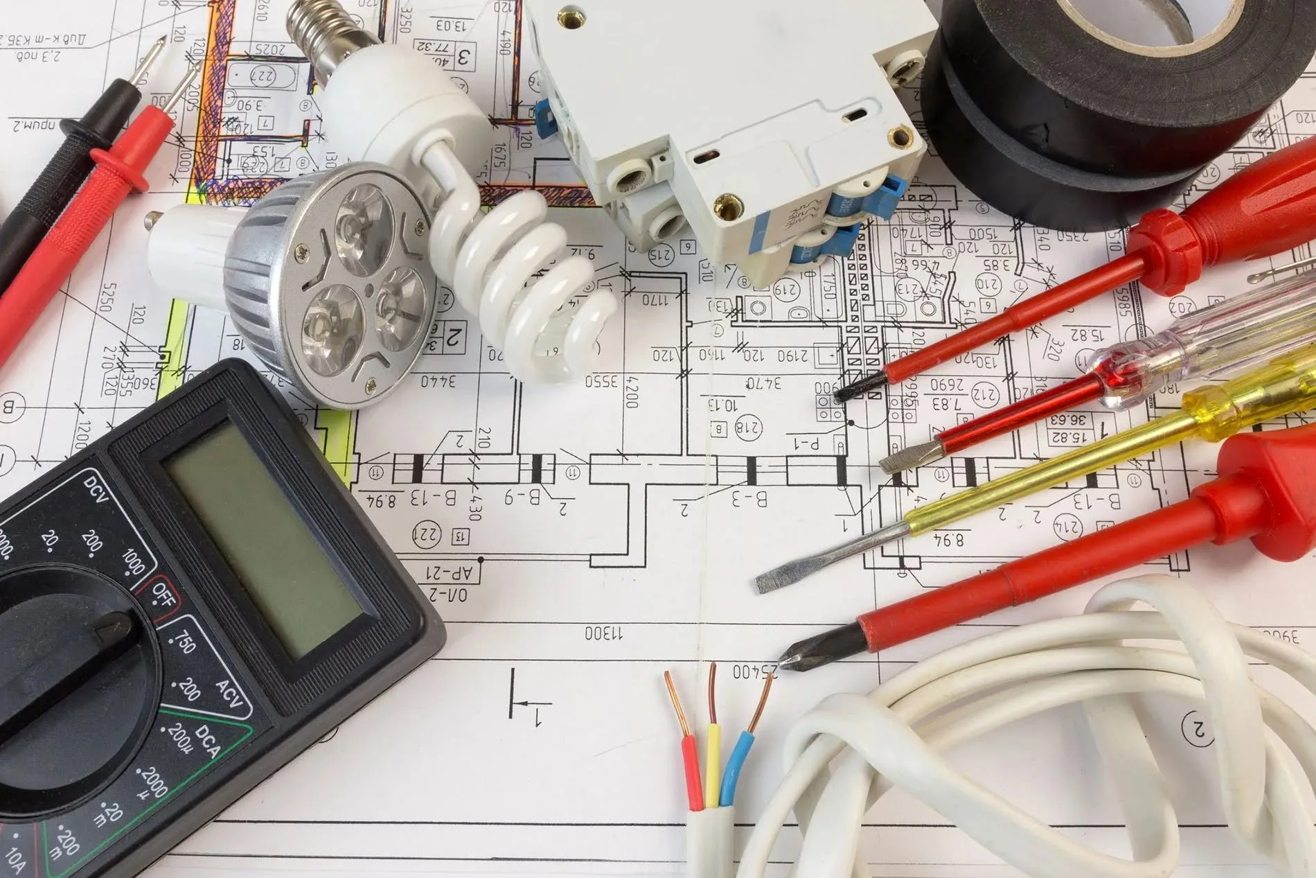 Electrical tools bulbs breaker on wiring blueprint