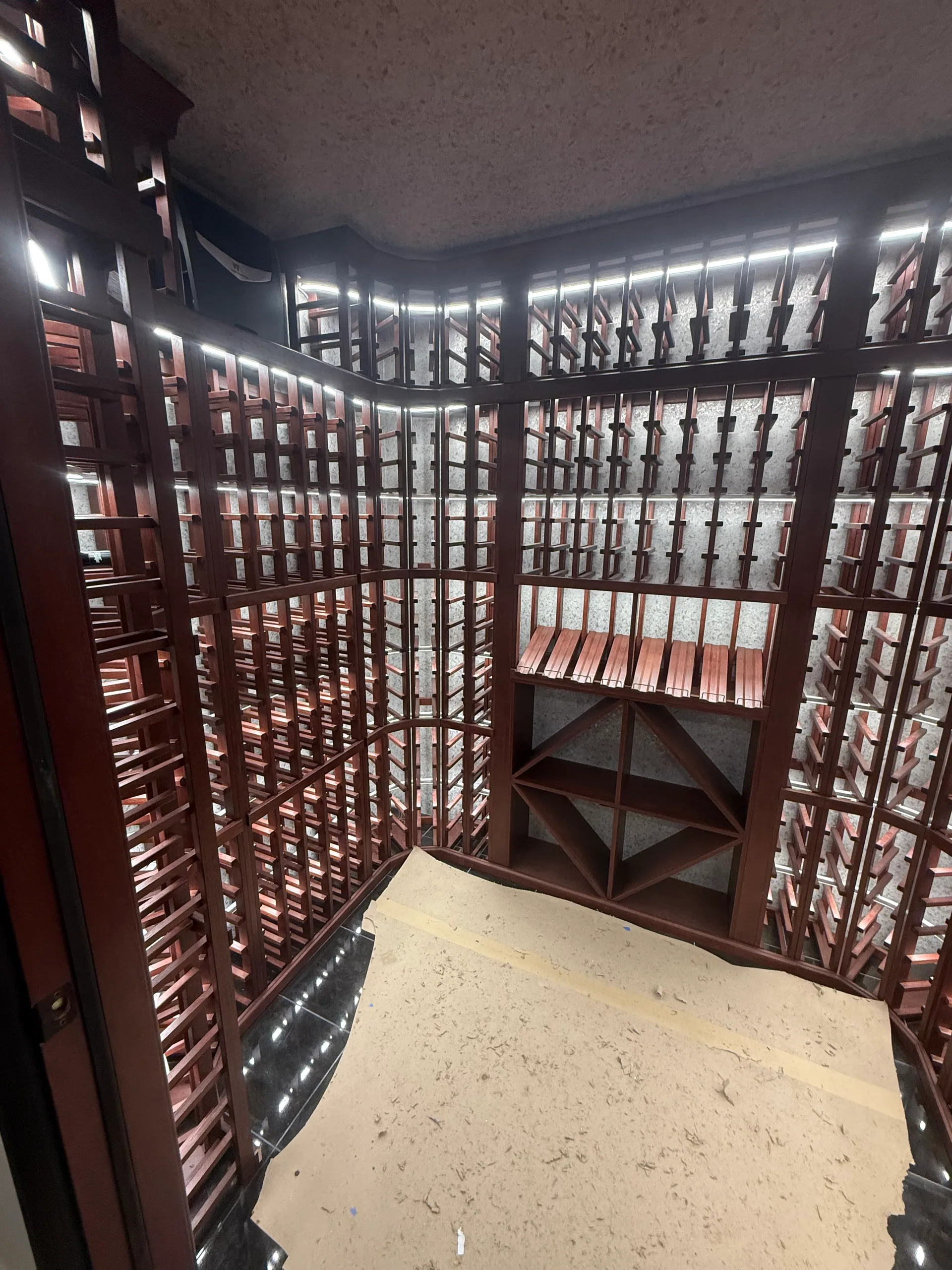 Wide angle wine cellar diamond bins led strips paper floor